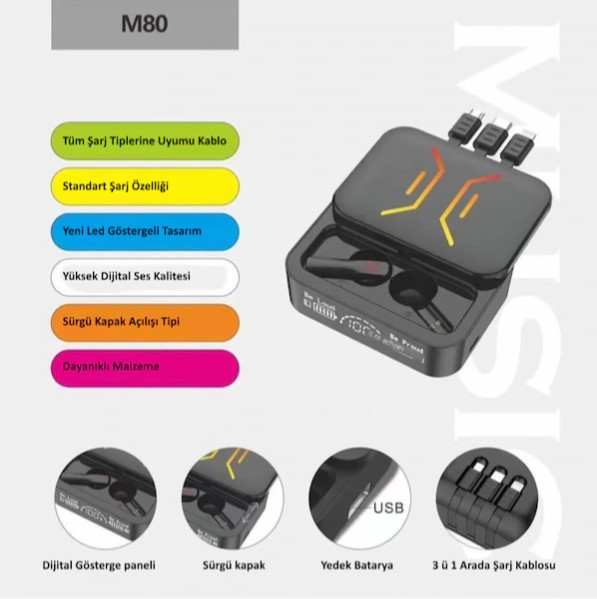 Power M80 2000 mAh Powerbanklı Bluetooth Kulaklık - Görsel 6