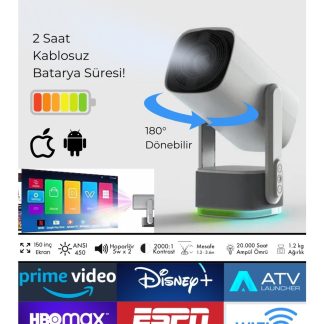 Power Pro+ Şarjlı, Taşınabilir, Android 11, Full HD, Led Projeksiyon Cihazı