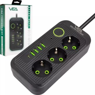VEA VA-21565 3lü 1.5 Metre Kablolu 4 USB Giriş + 1 TYPE-C Girişli Akım Korumalı Priz