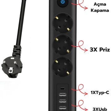 TR3439 3'lü 3 USB + 2 Type-C 2M Kablolu